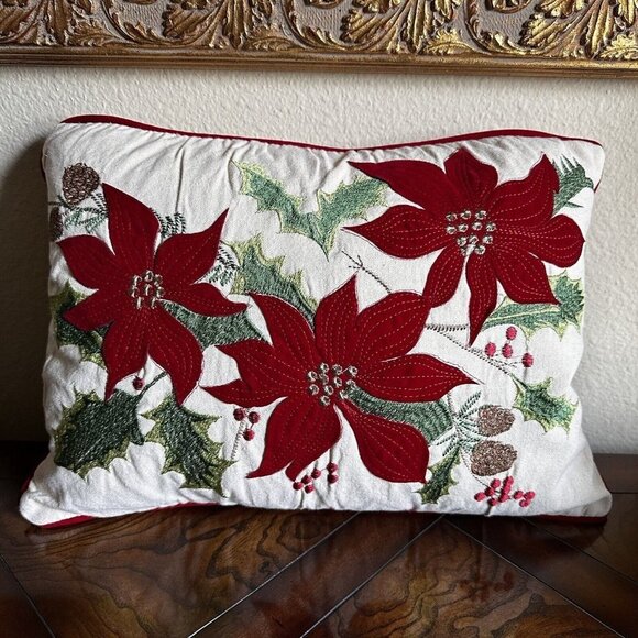 Secret Celebrity Throw Pillow‎ Decor Poinsettia Christmas Down Filled 16" x 12" - Picture 1 of 12